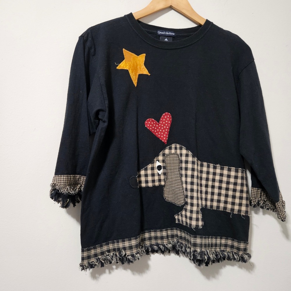 Quail Hollow Womens Patchwork Dachshund Dog Heart Star Fringe Cotton Top Black M